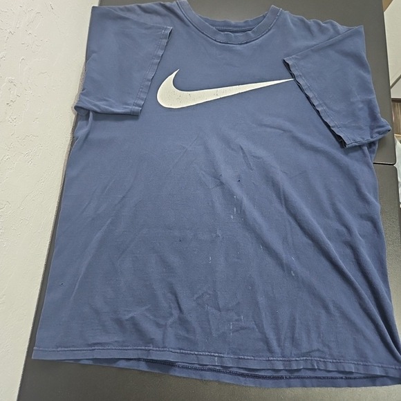 90s NIKE Huge Swoosh Distressed T-Shirt Vintage  XL Navy Blue Thrashed - Picture 9 of 13